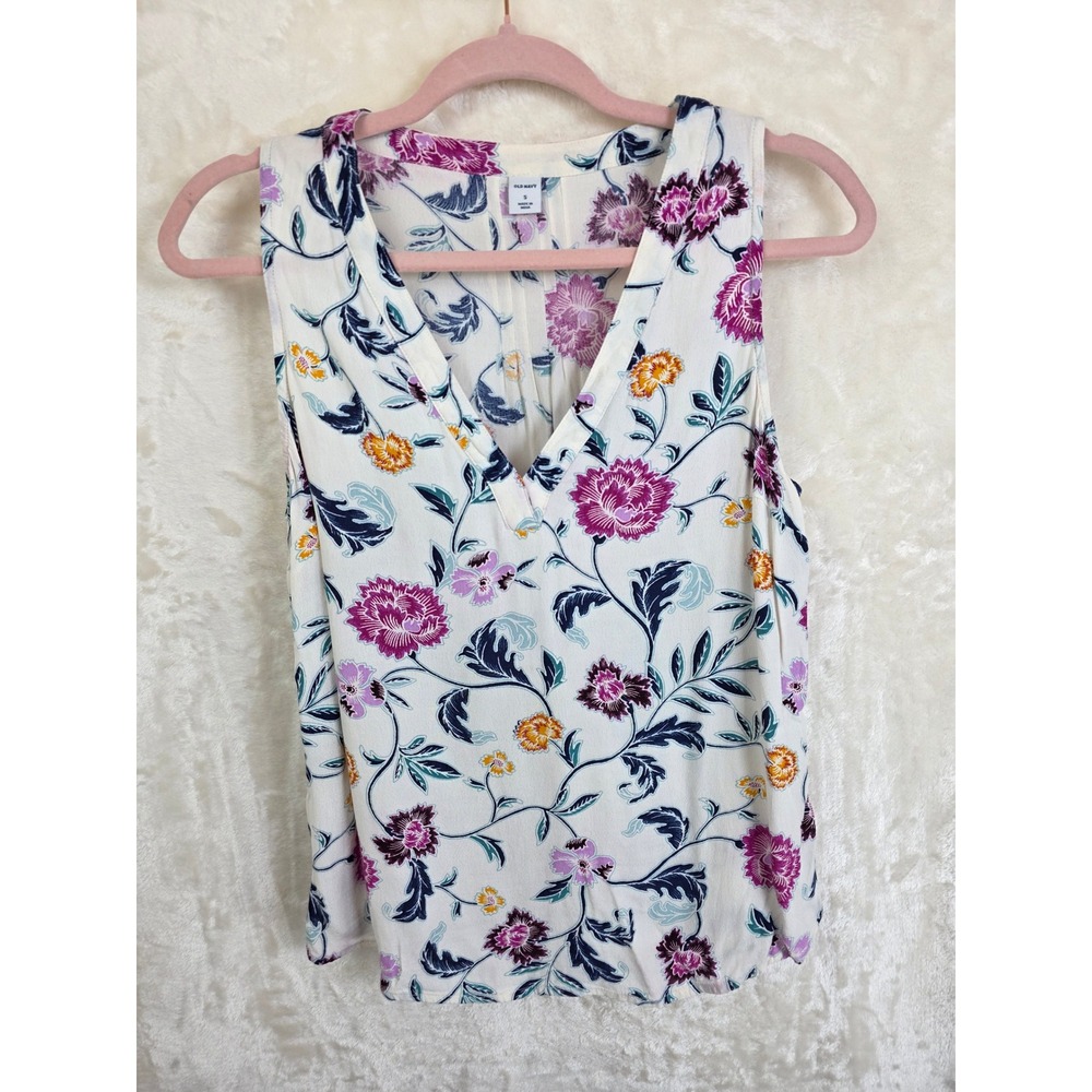 Old Navy Womens Sleeveless V-Neck Floral Blouse‎ White Purple S 340723-00
